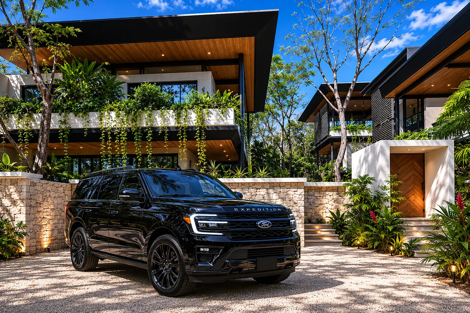 Black Car CR luxury SUV arriving at a private hotel or villa in Costa Rica