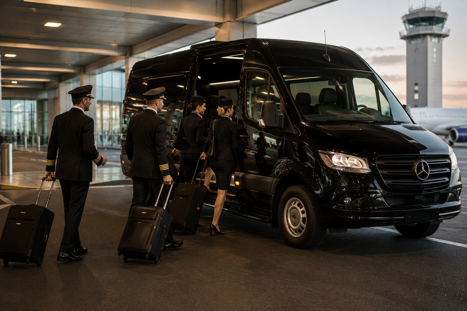 Corporate travelers boarding a Black Car CR vehicle at the airport