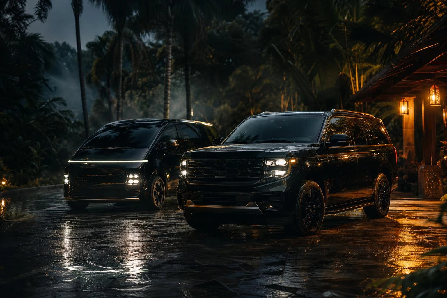 Black Hyundai Staria and Ford Expedition arriving at a Costa Rica luxury jungle resort at dusk