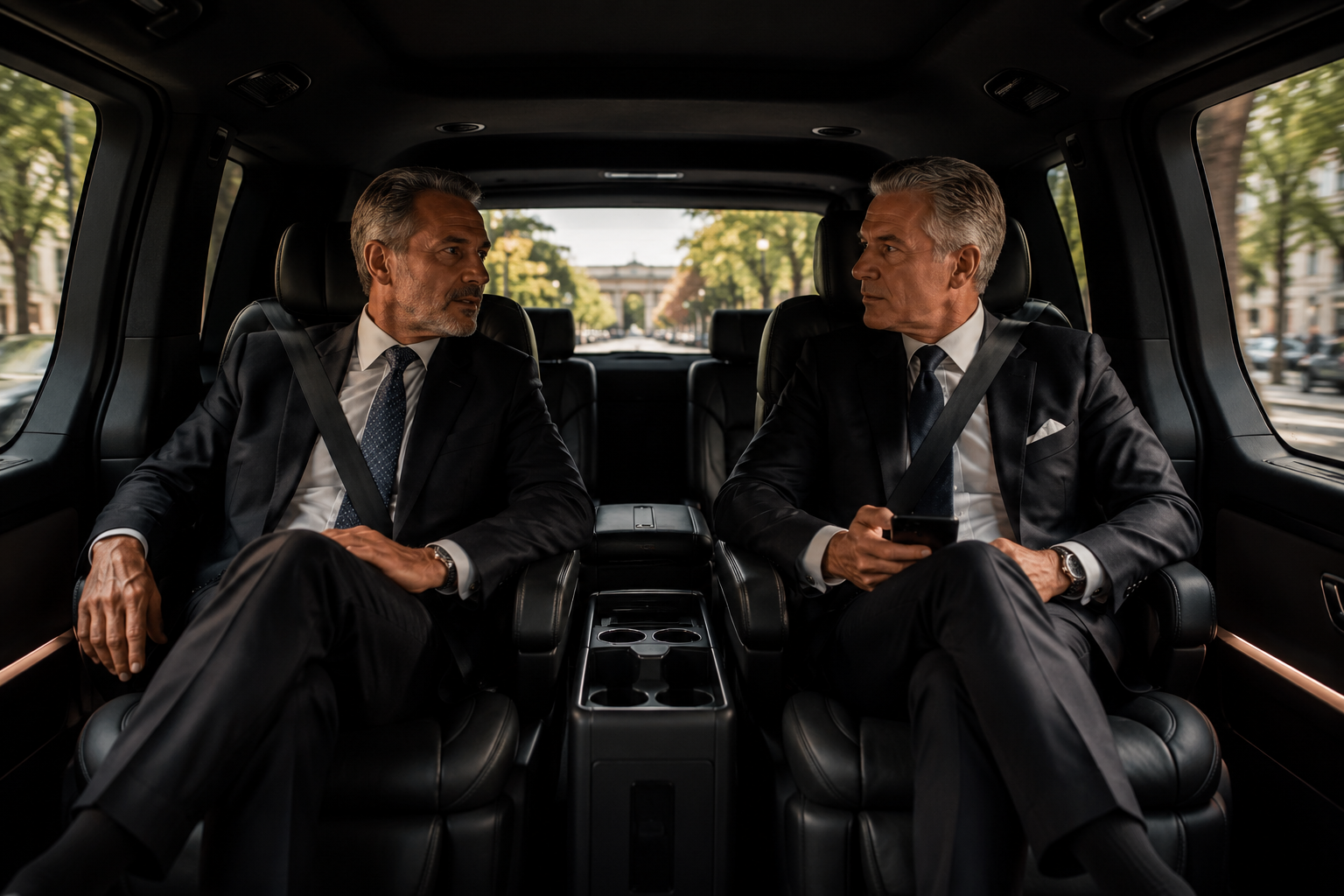 Two executives traveling in the private cabin of a Black Car CR vehicle
